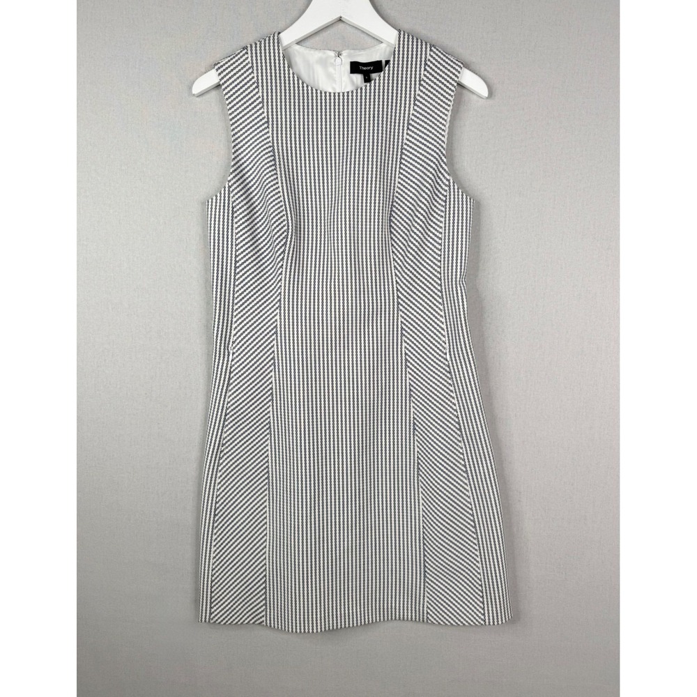 Theory Helaina Sayre Stripe Dress Women 6 Navy Blue White Wool Blend Sleeveless - Picture 1 of 10